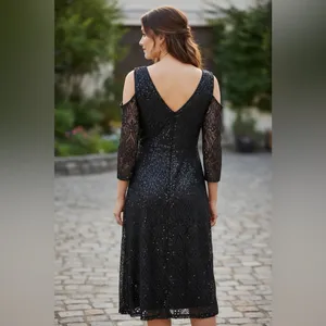 NWT Marina Black Illusion Lace Cocktail Dress With Round Neck and V Back Size 6 thumbnail 2