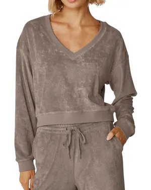 Beyond Yoga Tropez Crop Pullover Size XL Terry Cloth Birch Brown Slouchy V Neck thumbnail 1