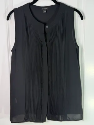 Ann Taylor Black Sleeveless Pleated Split-Neck Blouse Size S thumbnail 1