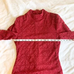 Revolve Lovers + Friends Talia Lace Long Bell Sleeve Mini Dress in Ruby Red thumbnail 7