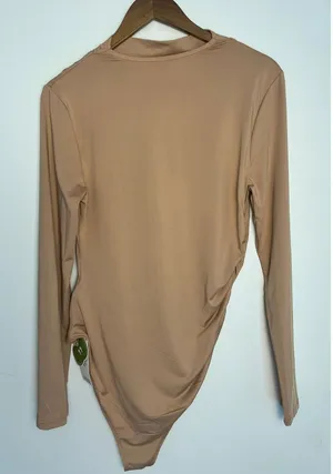 NWT! XL Cider Tan Mock Neck Long Sleeve Bodysuit Neutral Minimalist Asymmetrical thumbnail 1