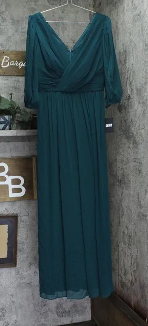 DKNY Chiffon Balloon-Sleeve Faux Wrap Side Slit Maxi Dress Forest Green 8 thumbnail 1
