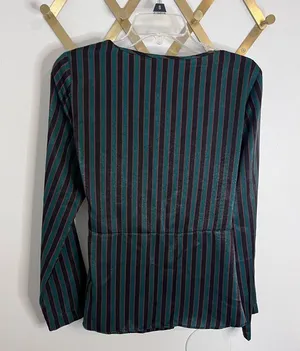 Zara Striped Sateen Wrap Blouse Medium Black thumbnail 9