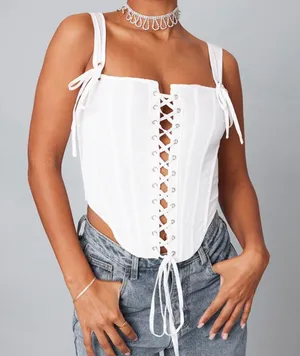 Prettylittlething Cream Velvet Lace Up Top thumbnail 1