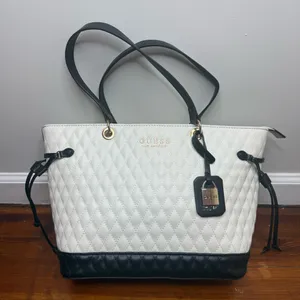 GUESS Quilted Two-Tone Tote in White and Black with Gold Hardware thumbnail 1