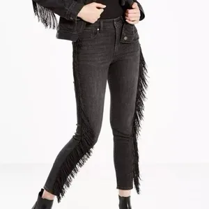 Levis 721 Jeans Women 29 Black High Rise Skinny Ankle Fringe Boho Western Denim thumbnail 2