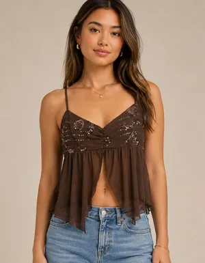 Mixed Threads Los Angeles XL Brown Sequin Embellished Sheer Babydoll Cami TopNWT thumbnail 1