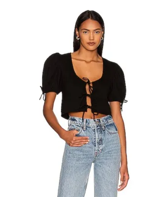 Free People Kitty Tee Black Cropped Puff Sleeve Tiered Tie-Front Closure Size XS thumbnail 13