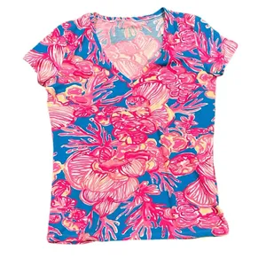 Lilly Pulitzer Michelle Cap Sleeve Vneck Tshirt Cotton Stretchy Pink Blue Top S thumbnail 3