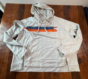 NFL Team Apparel Denver Broncos Womens Heather Gray Striped Pullover Hoodie L thumbnail 1
