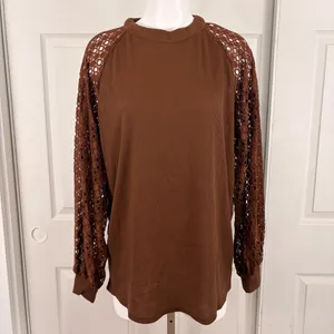 Miholl brown lace long sleeve waffle-knit top thumbnail 2