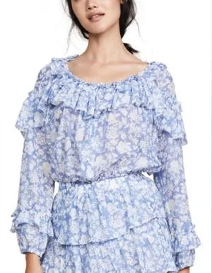 LoveShackFancy Ruffle Popover Blouse Top in Biscay Blue Size XS thumbnail 3