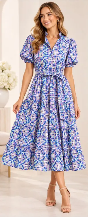 SSYS Athena Puff Sleeve Belted Midi Dress Womens Large Blue Geometric NWOT thumbnail 1