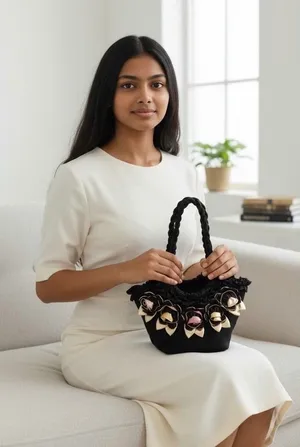Pashmina Fabric Handbag‎ Embellished with Fabric Flowers and Ruffled Trim thumbnail 1