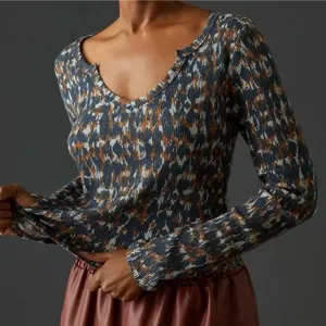 Anthropologie Pilcro notch neck waffle knit in blue orange print size small thumbnail 1