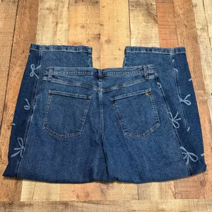 Frayed Dark Wash Bow Print Side High Rise Barrel Leg Jeans Sz 32 Boho Festival thumbnail 7