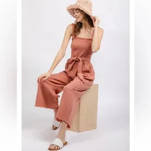 Loveriche cream raw hem jumpsuit‎ open back tie waist women's size medium trendy thumbnail 10