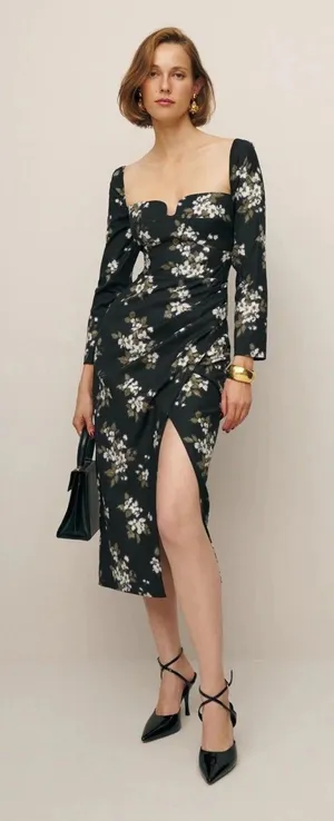 Reformation Floral Sweetheart Neck Midi Dress Long Sleeve Side Slit Size 6 thumbnail 1