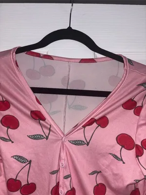 Juniors Pink Long Sleeve Romper Onesie Pajama Cherry Print Sweet Text thumbnail 2