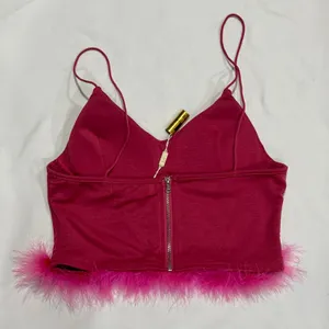 Y2K Rhinestone Bustier Crop Top Feather Trim Hot Pink NWT L thumbnail 2