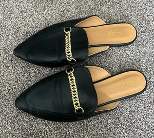 Pink Lily Black Pointed Mules with Gold Chain Accent thumbnail 1