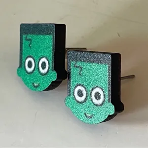 Playful Frankenstein Monster Green and Black wooden stud Earrings silver backs thumbnail 4