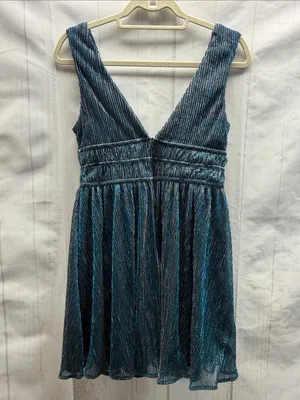 Lulus NWT Smokeshow Teal Metallic Deep V Sleeveless Skater Mini Dress Size XS thumbnail 6