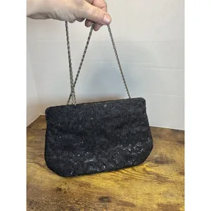 Vintage Black Floral Lace Glitter Evening Bag Gold Tone Chain Strap Formal Purse thumbnail 12