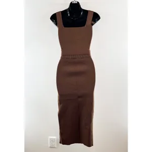 Miou Muse Knit Set Cropped Corset Top High Rise Midi Skirt Brown Small thumbnail 3