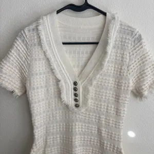 White Textured Fringe Trim V-Neck Henley Fit & Flare Mini Dress Short Sleeves thumbnail 5