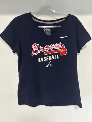 Nike Atlanta Braves MLB V-Neck Tee XL Slim Fit Navy Baseball Graphic Swoosh thumbnail 2
