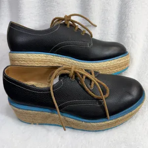 John Fluevog 4 Black Leather Platform‎ Espadrille Oxford Shoes Blue Sole Boho thumbnail 3