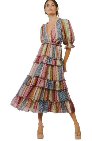 Ciebon Madelyn Puff Sleeve Tiered Maxi Dress M Pockets Boho Cottage Western thumbnail 1