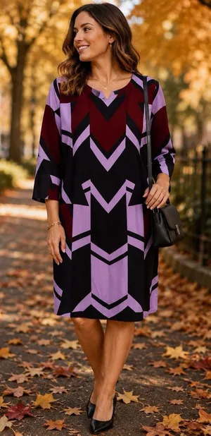 Eloquii Size 14 Geometric Shift Dress Purple Burgundy Black Beltless Midi Dress thumbnail 1