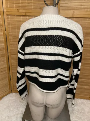 Gypsy Cloud Women's Black and White Striped Crewneck Sweater cropped crotchet L thumbnail 3