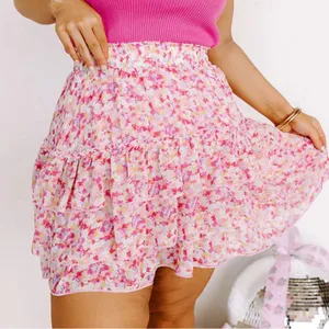 Kori Pink and White Tiered Skater Mini Skirt thumbnail 1