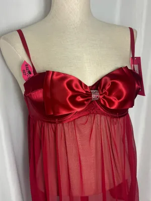 Betsey Johnson lingerie Y2K style babydoll 2 piece Red Satin Mesh Bow Small NWT thumbnail 2