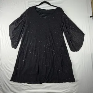 Black Metallic Sparkle V-Neck Dress Split Bell Sleeve Cocktail Party 0XL thumbnail 1