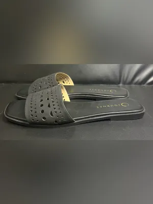 Journee Black Laser-Cut Slide Sandals thumbnail 5