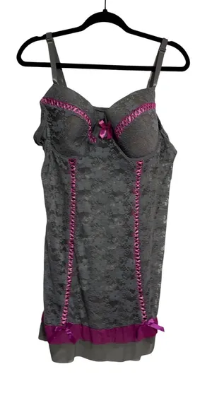 Just‎ Sexy Intimate Chemise Lingerie Coquette Gray Pink Ribbon Lace 2X thumbnail 1