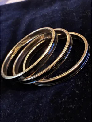 Vintage Minimalist Black Enamel Bangle Set • 3 Gold Tone Stacking Bracelets thumbnail 3