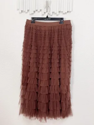 Miss Sparkling Mocha Brown Tiered Tulle Ruffle Midi Skirt thumbnail 2