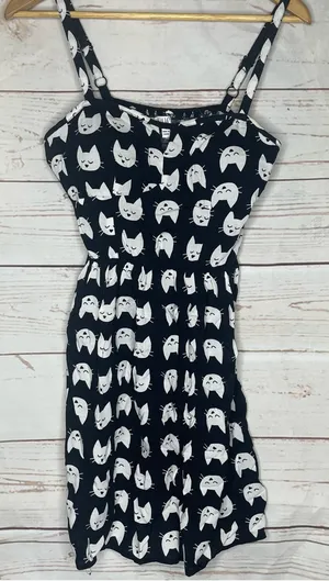 A.U.W. • Black Mini Dress • Cat Print • Medium • Padded • White Cats thumbnail 1