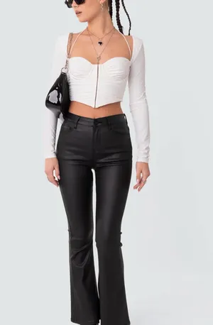 Edikted Petite Luna Faux Leather Flare Jeans thumbnail 1