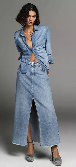 Anthropologie Pilcro Madi Front-Slit Denim Maxi Skirt Size 12 Boho-Western thumbnail 1