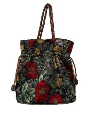 Floral Beaded women's handbag with drawstring and snap closure Brown thumbnail 1