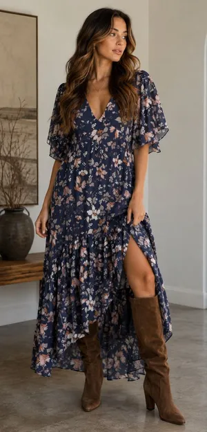 Boutique Navy Floral Flutter Sleeve Tiered Maxi Dress XXL NWT thumbnail 1