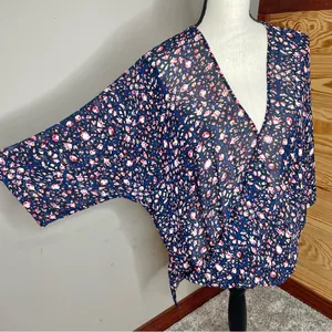 WAYF High Low Floral Faux Wrap Surplice Blouse Top Large 3/4 Sleeve Multicolor thumbnail 4