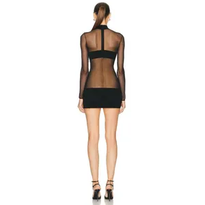 MONOT Contrasting Bands Mini Dress in Black 2 New Womens Sheer Panel Long Sleeve thumbnail 2