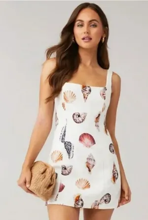 SHOW ME YOUR MUMU Steph Mini Dress White Shell Print Linen Size S Resort Wear thumbnail 1